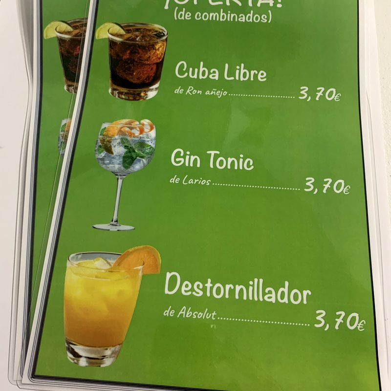 Carta de cócteles a una cara
