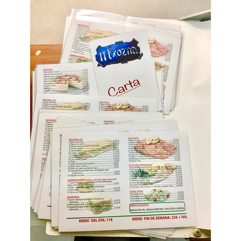 Carta del restaurante Txozna